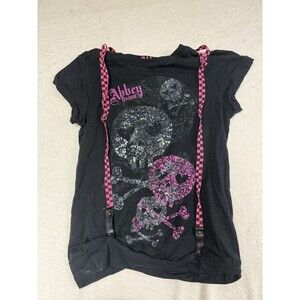 Y2K Abbey Dawn by Avril Lavigne Pink & Black  Checkered Skull T-Shirt suspender‎